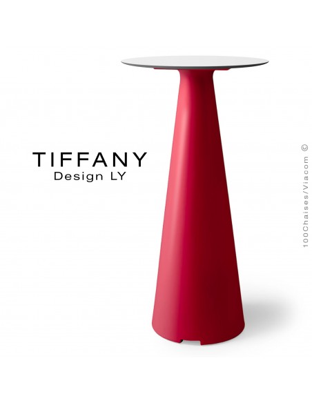 Table mange debout TIFFANY, piétement plastique rouge, plateau compact Ø60 couleur blanc