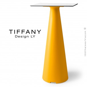 Table mange debout TIFFANY, piétement plastique jaune, plateau compact 60x60 couleur blanc