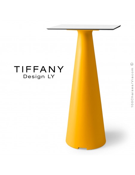Table mange debout TIFFANY, piétement plastique jaune, plateau compact 60x60 couleur blanc