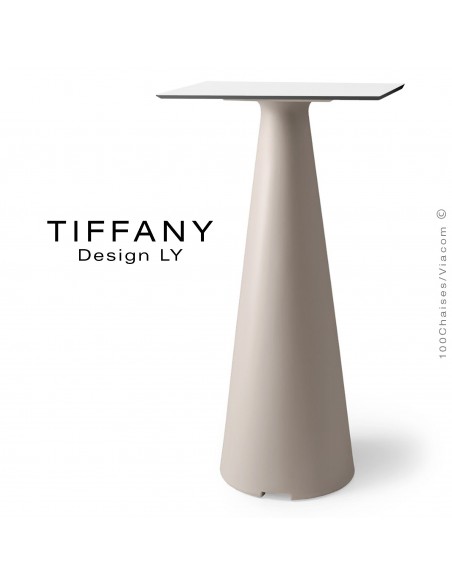 Table mange debout TIFFANY, piétement plastique marron, plateau compact 60x60 couleur blanc