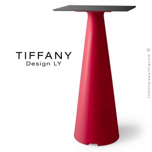 Table mange debout TIFFANY, piétement plastique rouge, plateau compact 60x60 couleur noir