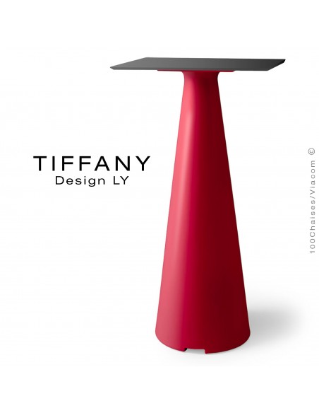Table mange debout TIFFANY, piétement plastique rouge, plateau compact 60x60 couleur noir