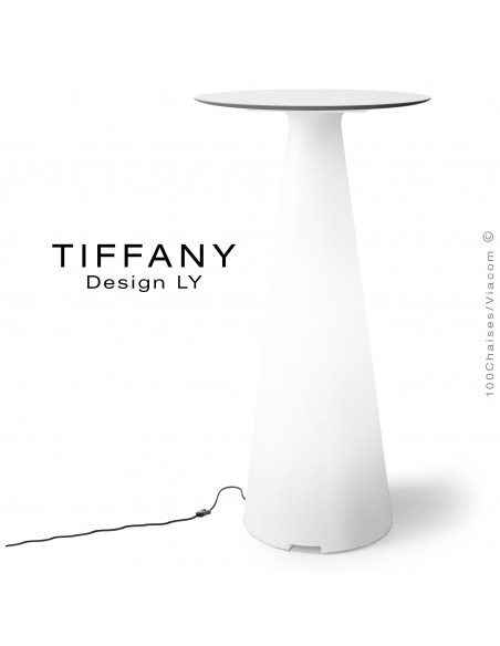 Table mange debout TIFFANY, piétement plastique LED lumineux sur prise secteur, plateau Ø60 compact couleur blanc