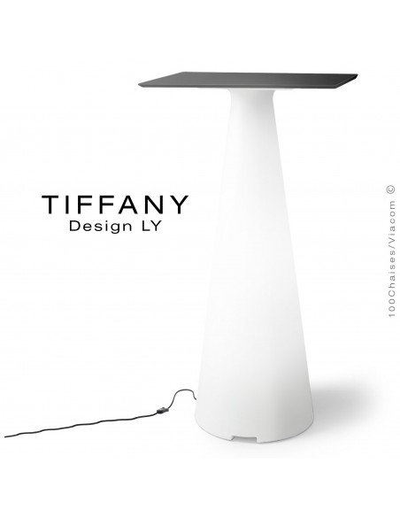 Table mange debout TIFFANY, piétement plastique LED lumineux sur prise secteur, plateau 60x60 compact couleur noir