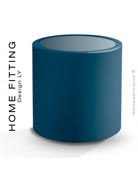 Table HOME FITTING ronde, structure plastique bleu, plateau plexiglass.