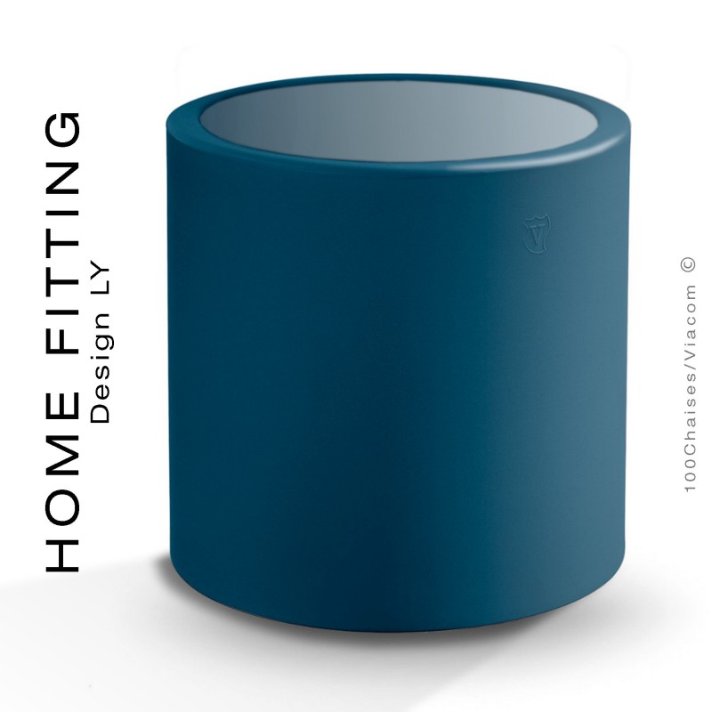 Table HOME FITTING ronde, structure plastique bleu, plateau plexiglass.