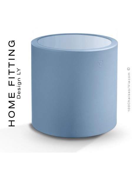 Table HOME FITTING ronde, structure plastique bleu clair, plateau plexiglass.