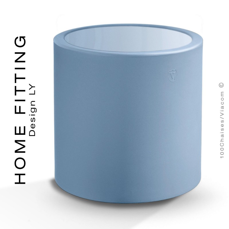 Table HOME FITTING ronde, structure plastique bleu clair, plateau plexiglass.