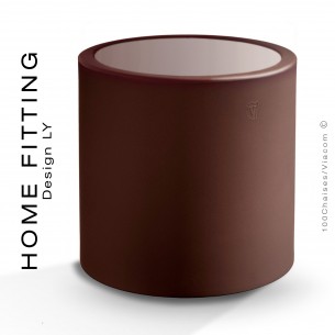 Table HOME FITTING ronde, structure plastique brun, plateau plexiglass.