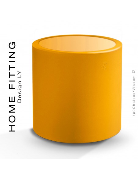 Table HOME FITTING ronde, structure plastique jaune, plateau plexiglass.