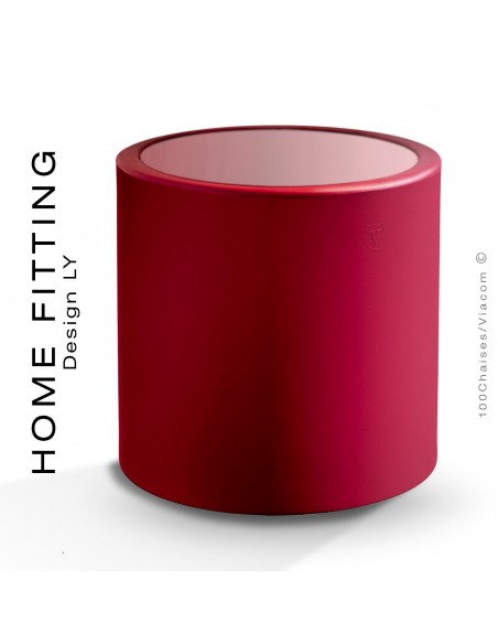 Table HOME FITTING ronde, structure plastique rouge, plateau plexiglass.