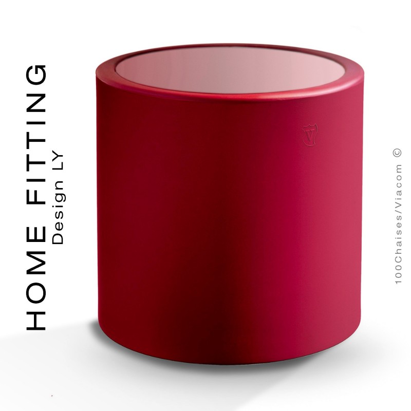 Table HOME FITTING ronde, structure plastique rouge, plateau plexiglass.