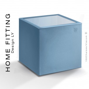 Table HOME FITTING carré, structure plastique bleu clair, plateau plexiglass.