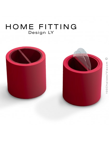 Table, desserte HOME FITTING, structure plastique avec rangement rouge, plateau plexiglass.