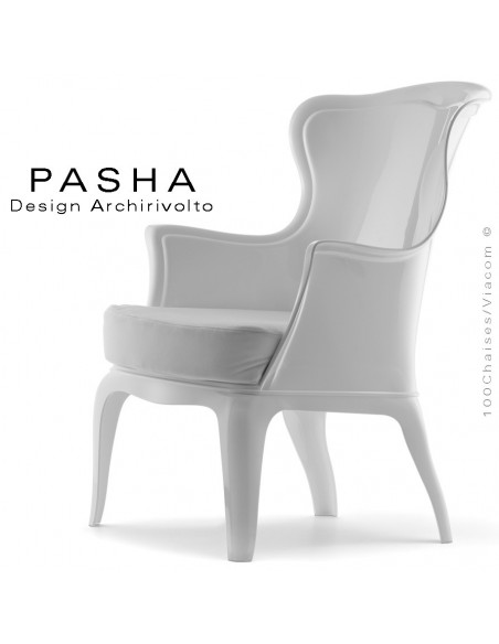 Fauteuil lounge design PASHA en polycarbonate blanc opaque.