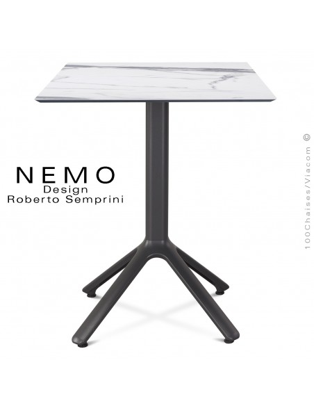 Table NEMO piétement aluminum anthracite, plateau compact 60x60 cm, effets marbre.