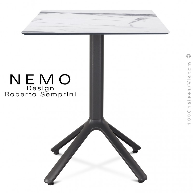 Table NEMO piétement aluminum anthracite, plateau compact 60x60 cm, effets marbre.