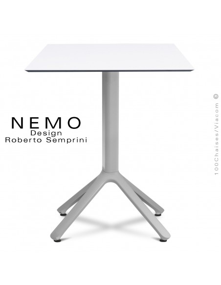 Table NEMO piétement aluminum argent, plateau compact 60x60 cm, couleur blanc.
