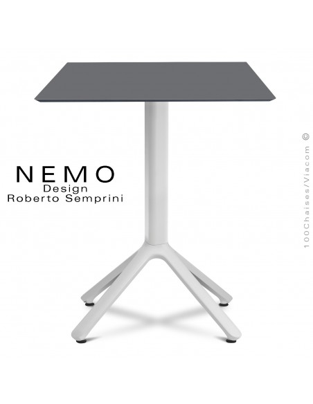 Table NEMO piétement aluminum blanc, plateau compact 60x60 cm, couleur anthracite.