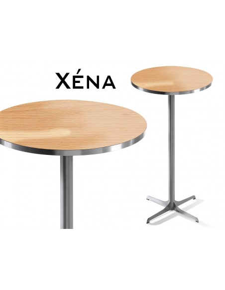 Xéna table mange debout, structure peinture argent mat, plateau hêtre naturel.