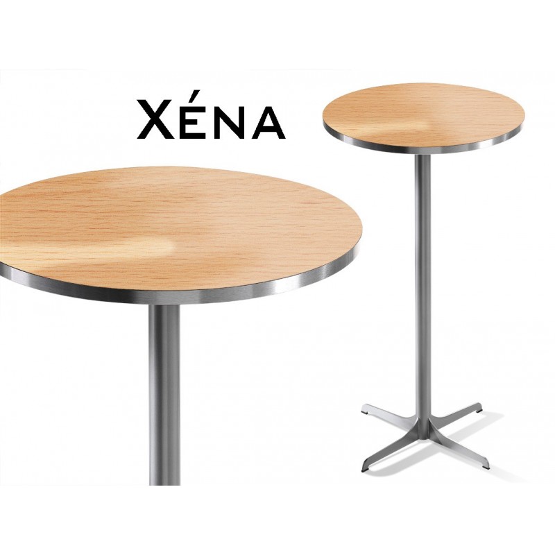 Xéna table mange debout, structure peinture argent mat, plateau hêtre naturel.