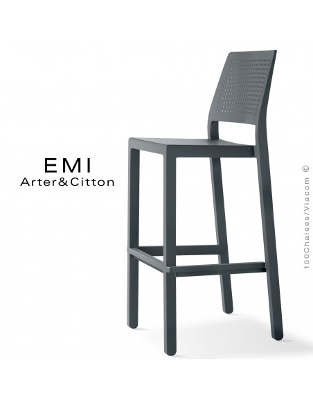 Tabouret de bar EMI, pour extérieur, terrasse et jardin, structure plastique couleur anthracite.