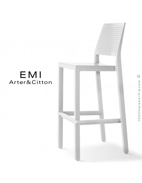 Tabouret de bar EMI, pour extérieur, terrasse et jardin, structure plastique couleur blanc.