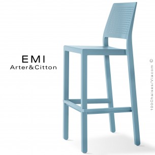 Tabouret de bar EMI, pour extérieur, terrasse et jardin, structure plastique couleur bleu clair.