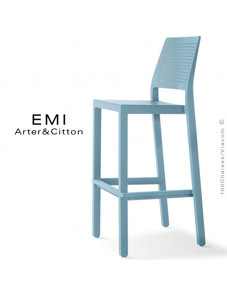 Tabouret de bar EMI, pour extérieur, terrasse et jardin, structure plastique couleur bleu clair.