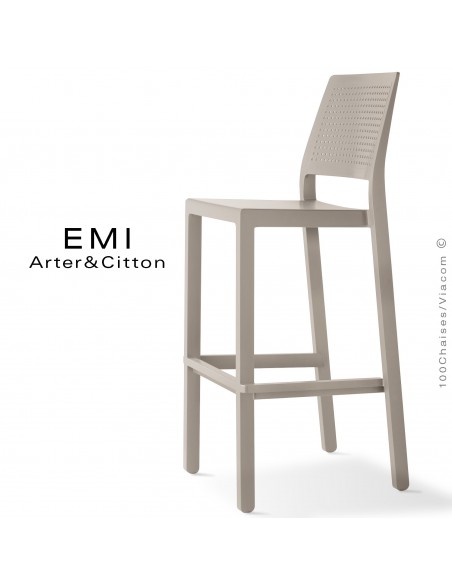 Tabouret de bar EMI, pour extérieur, terrasse et jardin, structure plastique couleur gris tourterelle.