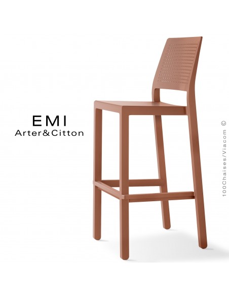 Tabouret de bar EMI, pour extérieur, terrasse et jardin, structure plastique couleur terracotta.