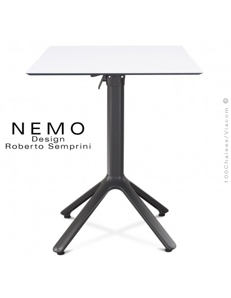 Table NEMO, piétement anthracite encastrable, plateau carré 60x60 cm. rabattable couleur blanc.