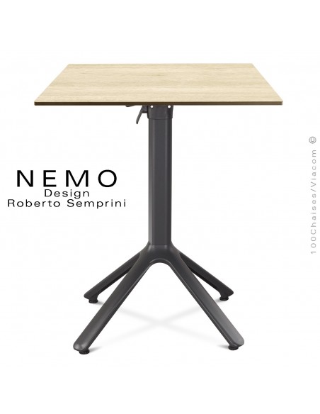 Table NEMO, piétement anthracite encastrable, plateau carré 60x60 cm. rabattable chêne clair.