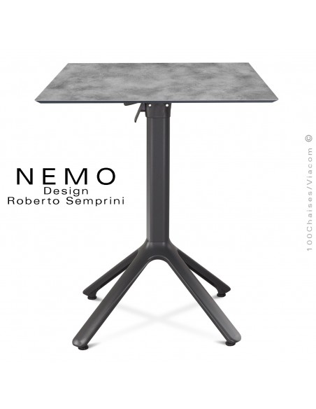 Table NEMO, piétement anthracite encastrable, plateau carré 60x60 cm. rabattable ciment.