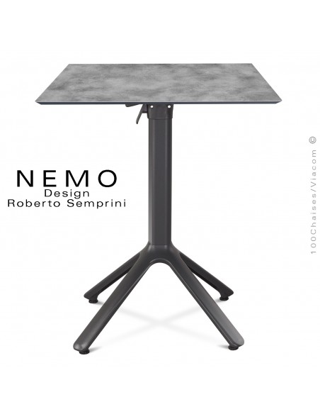 Table NEMO, piétement anthracite encastrable, plateau carré 60x60 cm. rabattable ciment.