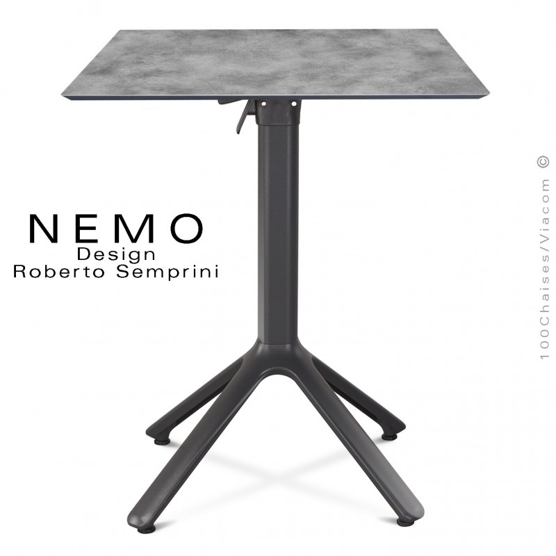 Table NEMO, piétement anthracite encastrable, plateau carré 60x60 cm. rabattable ciment.