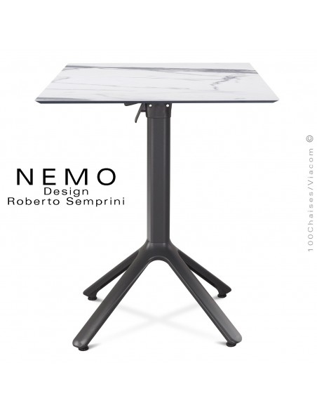 Table NEMO, piétement anthracite encastrable, plateau carré 60x60 cm. rabattable marbre.