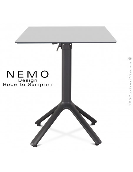 Table NEMO, piétement anthracite encastrable, plateau carré 60x60 cm. rabattable couleur gris.
