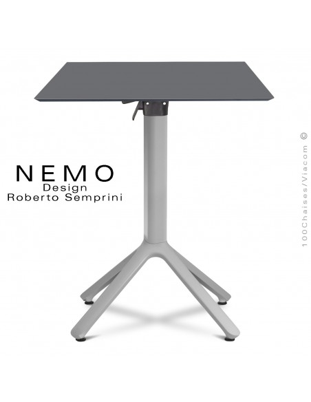 Table NEMO, piétement peint argent encastrable, plateau 60x60 cm. rabattable couleur anthracite.