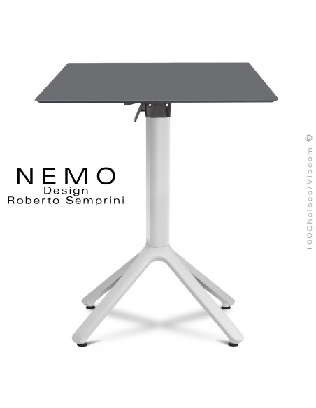 Table NEMO, piétement aluminium blanc encastrable, plateau 60x60 cm. rabattable couleur anthracite.