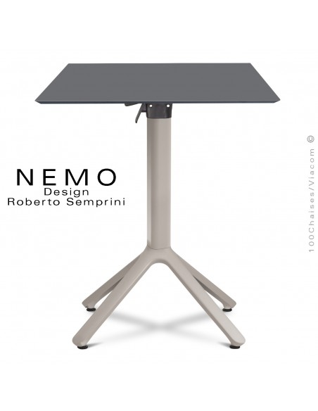 Table NEMO, piétement aluminium gris tourterelle encastrable, plateau 80x80 cm. rabattable couleur anthracite.