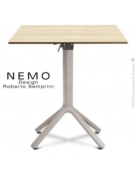 Table NEMO, piétement aluminium gris tourterelle encastrable, plateau 80x80 cm. rabattable chêne clair.