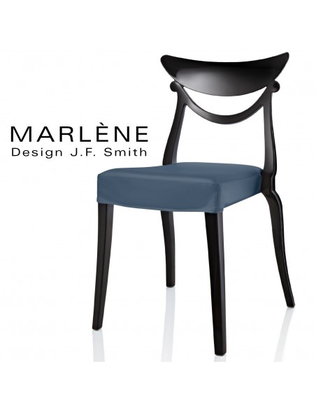 Chaise design Marlène, structure plastique noir, habillage tissu couleur bleu clair.