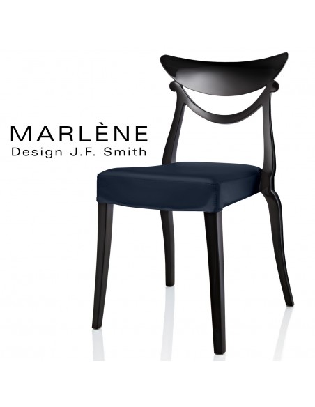 Chaise design Marlène, structure plastique noir, habillage tissu couleur bleu marine (sombre).