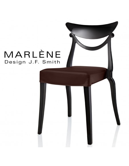 Chaise design Marlène, structure plastique noir, habillage tissu couleur marron.