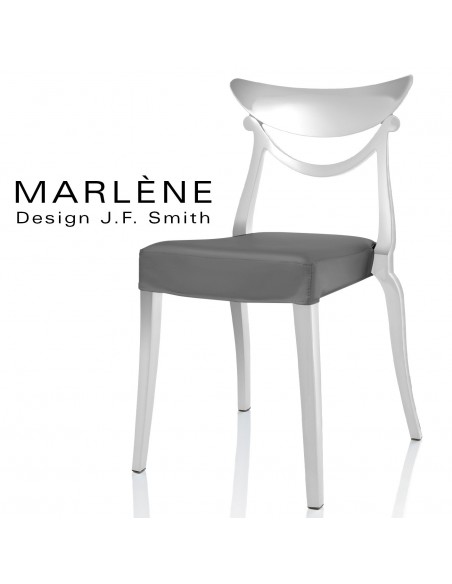 Chaise design Marlène, structure plastique blanc, habillage tissu couleur argent.