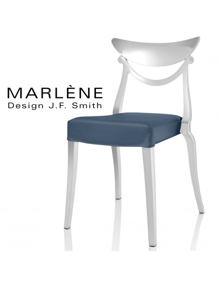 Chaise design Marlène, structure plastique blanc, habillage tissu couleur bleu clair (pétrole).