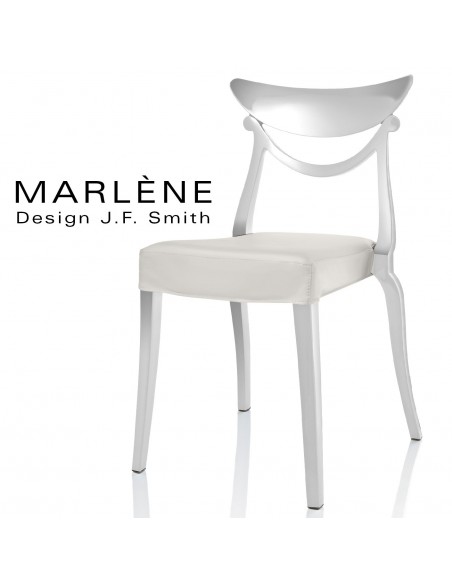 Chaise design MARLÈNE structure plastique opaque brillant couleur blanc, assise habillage cuir synthétique blanc.