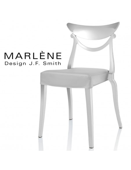 Chaise design MARLÈNE structure plastique opaque brillant couleur blanc, assise habillage cuir synthétique argent.