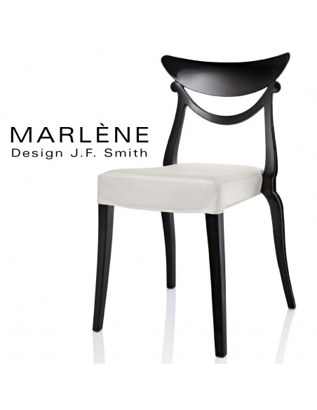 Chaise design MARLÈNE structure plastique opaque brillant couleur noir, assise habillage cuir synthétique blanc.